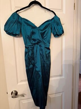 Nookie Teal Off Shoulder Puff Sleeve Midi Dress